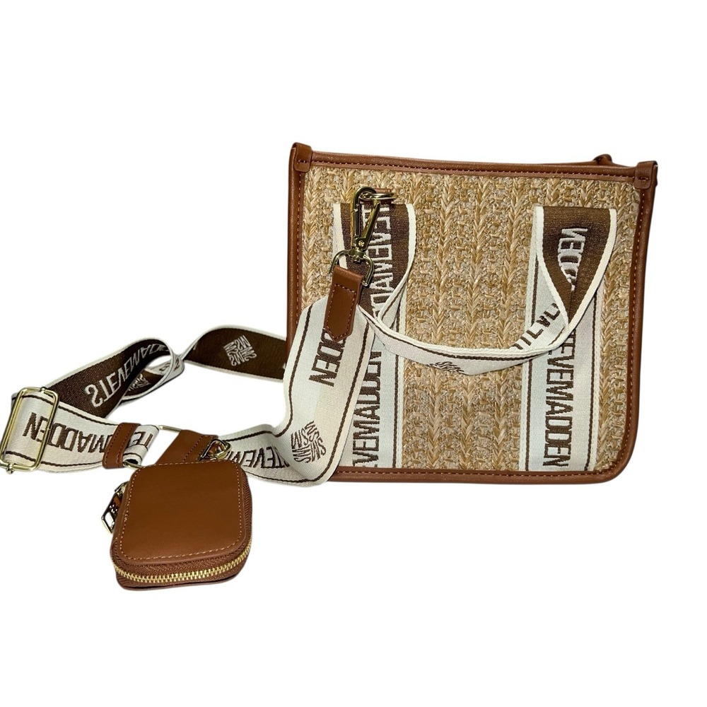 Steve Madden BWEBBER Straw Tote Crossbody Bag  Beige/Brown w/Credit Card Holder‎